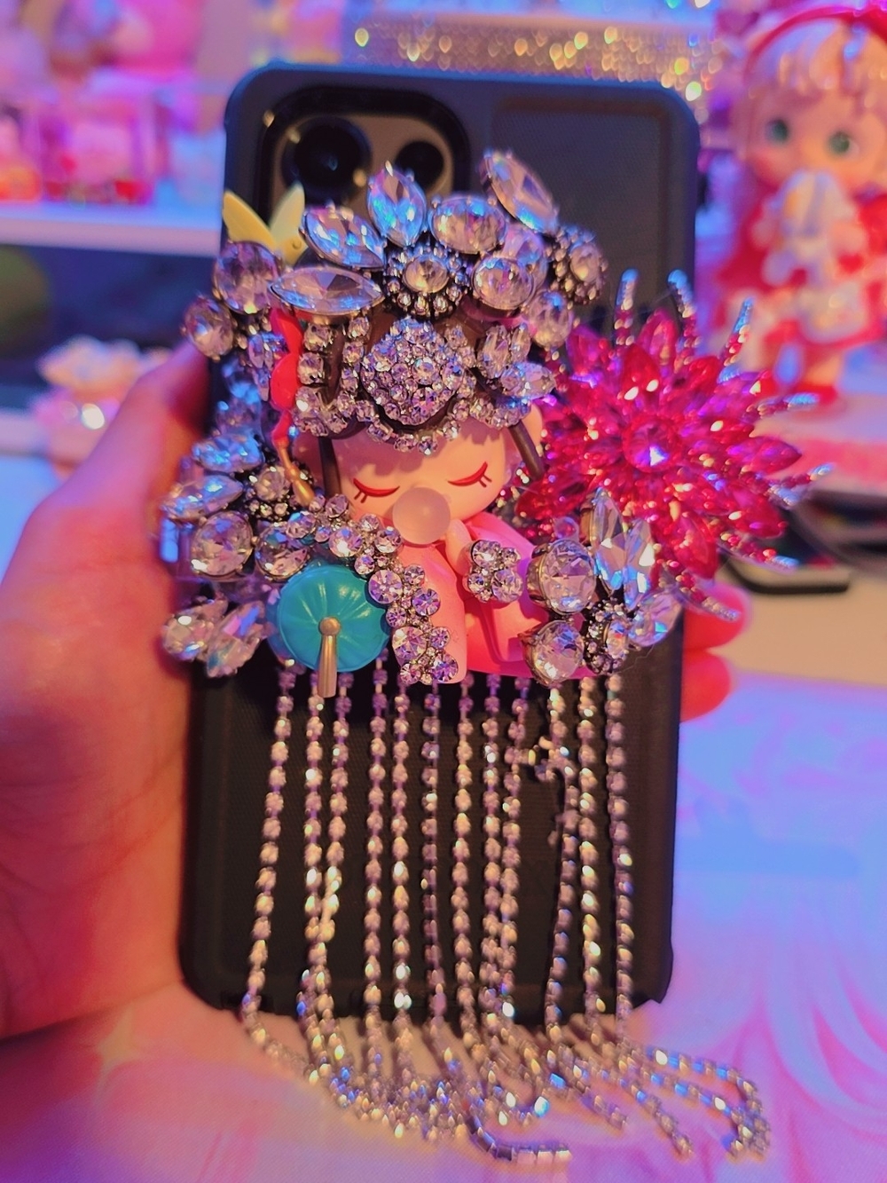 Crystal Embellished Pink Nanco Tassel Phone Charm Case Accessory